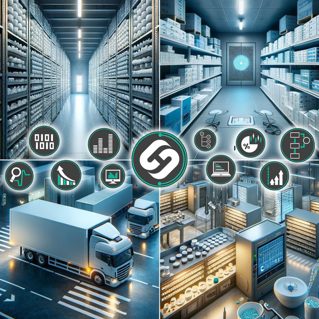 various environments where advanced temperature and humidity sensors can be utilized. The image should feature a cold storage warehouse with rows of neatly stacked goods, a pharmaceutical storage room with clearly labeled medications on clean shelves, a refrigerated truck in transit with visible cooling systems, and a pristine laboratory environment with controlled conditions. The scenes should convey a sense of precision, reliability, and technological advancement, without showing the sensors themselves, focusing on the spaces they protect.